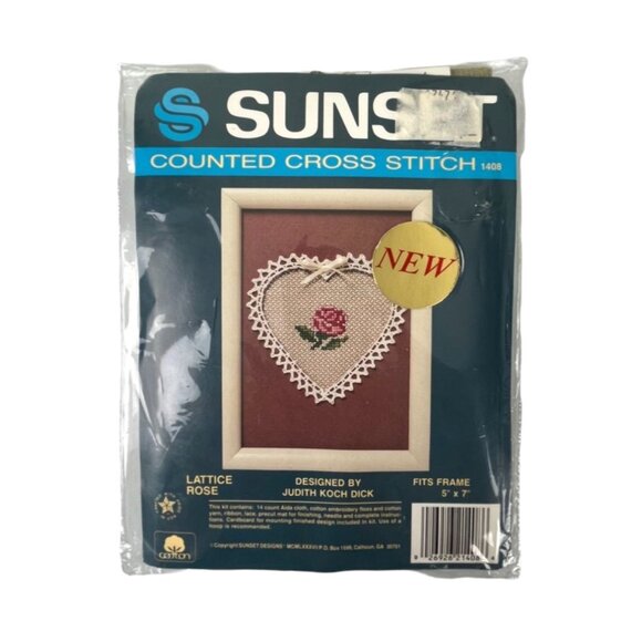 Vintage Sunset 1987 Counted Cross Stitch "Lattice Rose" 5x7 Floral Heart Kit, La - Picture 1 of 5